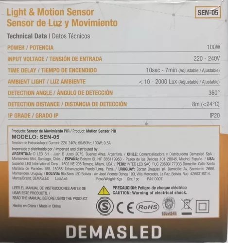 Sensor de movimiento 220 / 240v regulable en distancia e iluminación