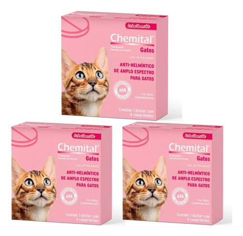 Vermífugo Chemital Gatos Caixa 4 Comprimidos - Kit Com 3 Cx Cor Sem Cor