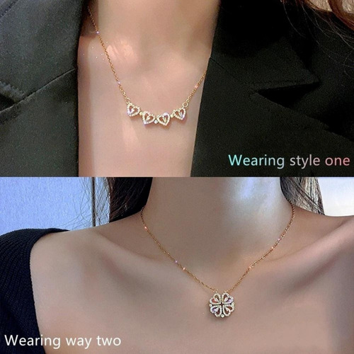 Imagen 7 de 10 de Collar Doble Vista Dorado Rosa Dije Corazones Trébol Mujer