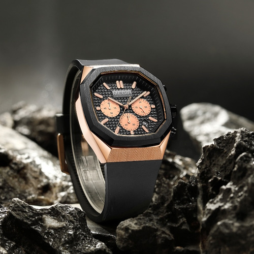 Reloj De Cuarzo Megir Con Cronógrafo Cuadrado Color De La Correa Rose Black