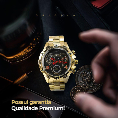 Relogio Masculino Aço Inoxidavel Dourado + Premium Caixa