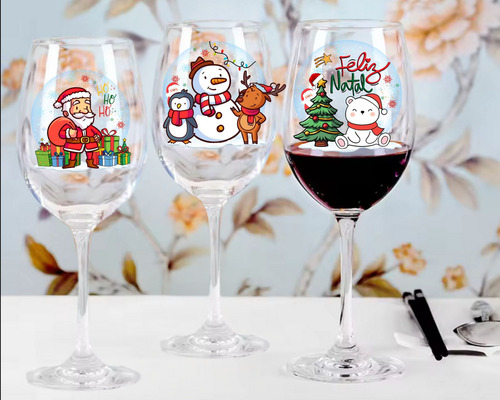 Jogo 3 Taças Vinho 465ml Vidro Estampada Natal Fim De Ano Cor Transparente
