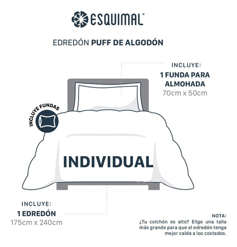 Edredón Puff Individual 100% Algodón + Fundas Esquimal Neblina