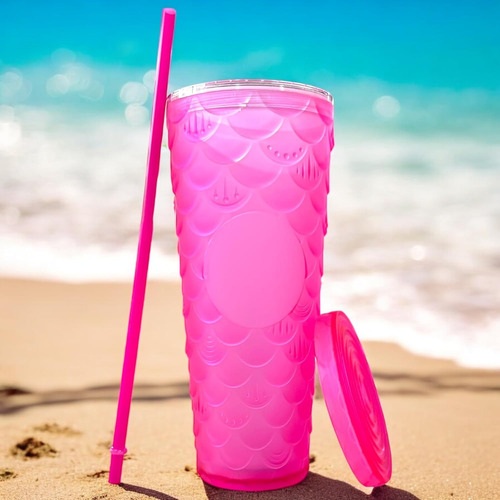 Vaso Texturizado Con Tapa Y Popote Vaso Doble Pared De 700ml Rosa Sirena