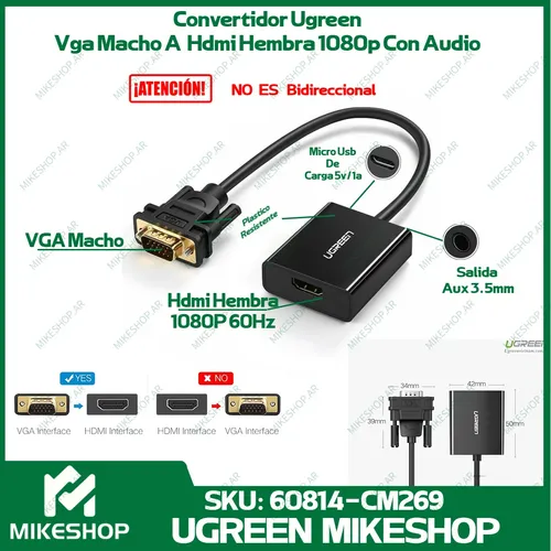 Cable Adaptador Conversor Vga A Hdmi + Audio + Usb / Ugreen