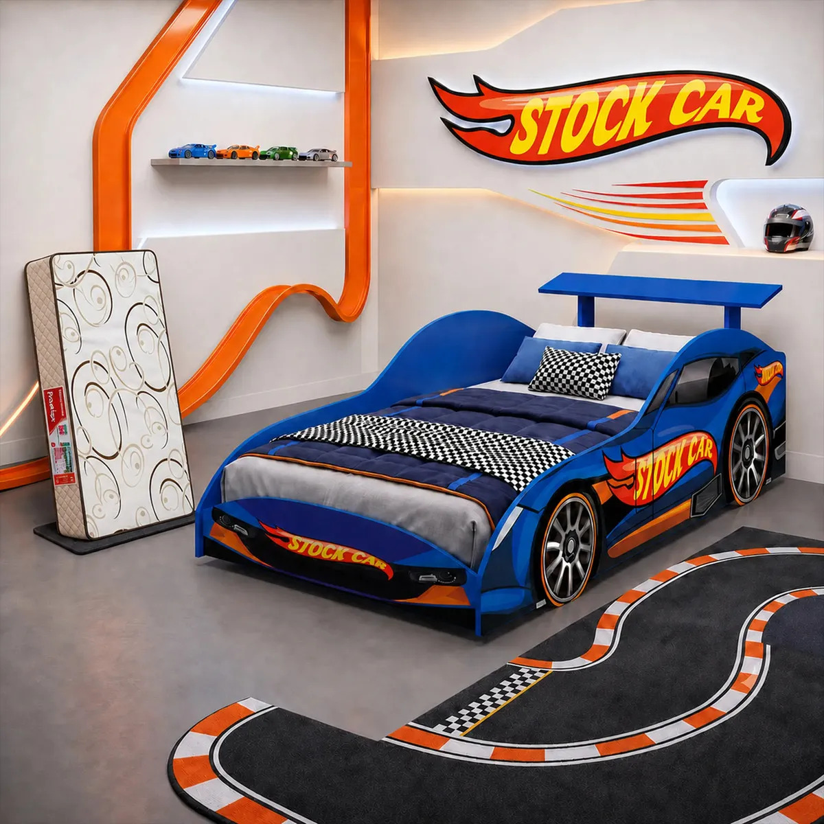 Berço Cama Stock Car Juvenil Infantil Com Colchão Carro de Corrida Hot Wheels Menino MDF Azul com Colchão 150x70 Cama Temática Racing Proteção Lateral Design Esportivo Móveis Bela