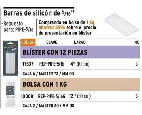 Barras De Silicón Delgada 8mm Pipe-5/16 1 Kg Truper 100081