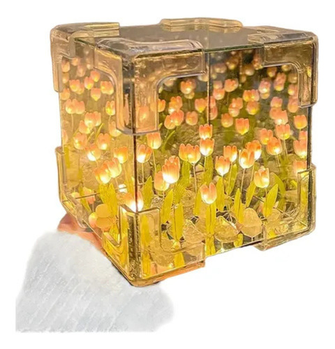 Lámpara De Tulipanes Infinitos Cubo Espejo Para Armar Naranja Claro Plateado