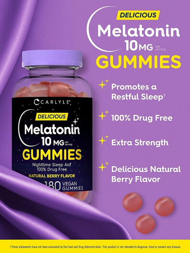 Melatonina 180 Gomitas 10mg Premium Insomnio Eg M43 Sabor Berry Carlyle
