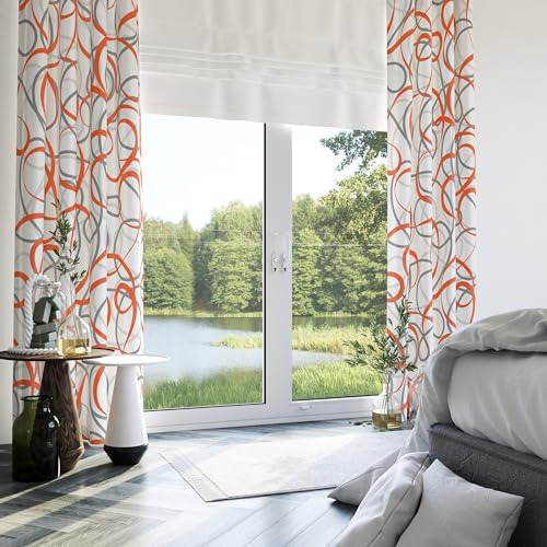 Cortinas Geométricas En Naranja, Gris Y Blanco 2 Paneles Con
