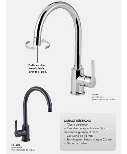 Griferia Cocina Monocomando Doble Funcion Move 20-146 Canill