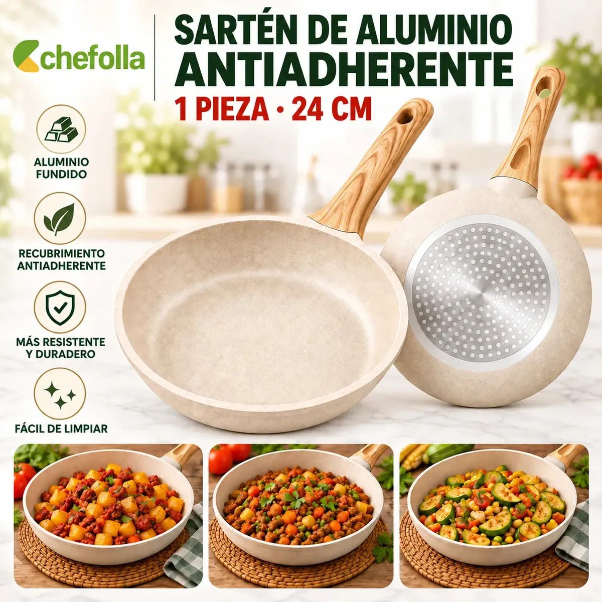 sartene antiadherentes ceramica parrilla de induccion Sartén de chef de Piedra de Granito con Mango de Baquelita 100% libre de PFOA(24cm)