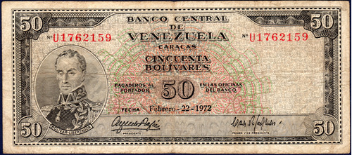 Billete De 50 Bolívares U7 Febrero 22 1972 Simón Bolívar