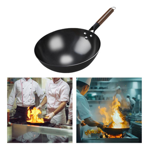 Wok Pan Wok Chino Con Mango De Madera 36 Cm Sin Oreja