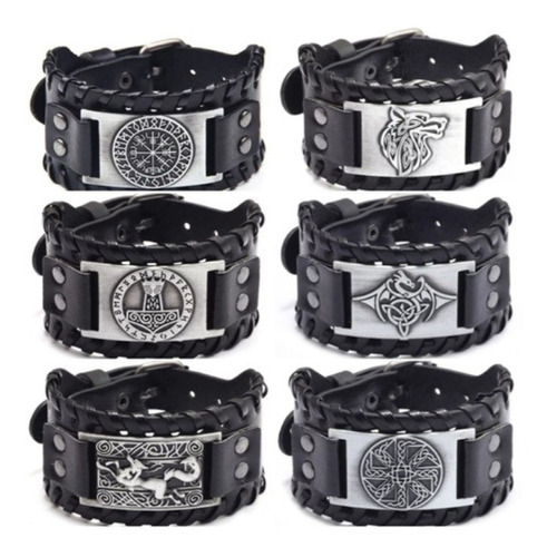 Pulsera Cuero Negro Vikingo Hombre Mujer Incluye Caja!!!