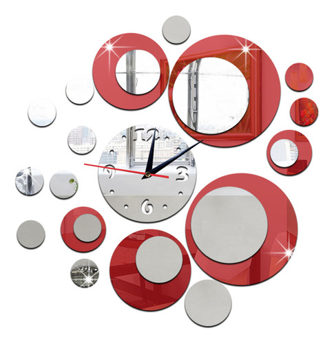 Reloj De Pared Con Espejo De Cristal 3d Rojo Y Plateado Para