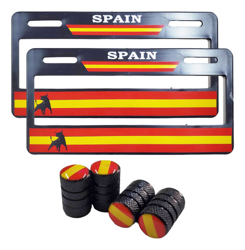 Set 2 Portaplacas Universal España Bandera + 4 Tapones Aire 