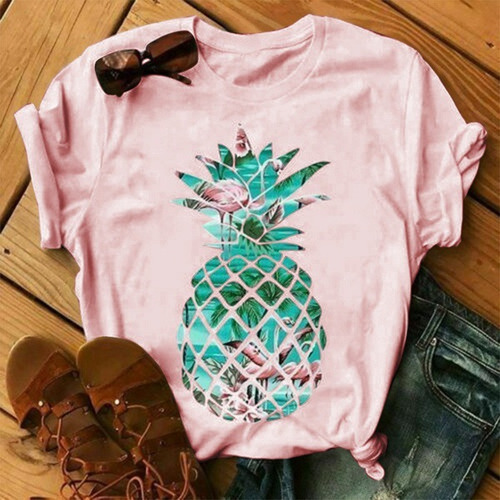 Playera Casual De Verano Rosa Con Estampado Multicolor Para