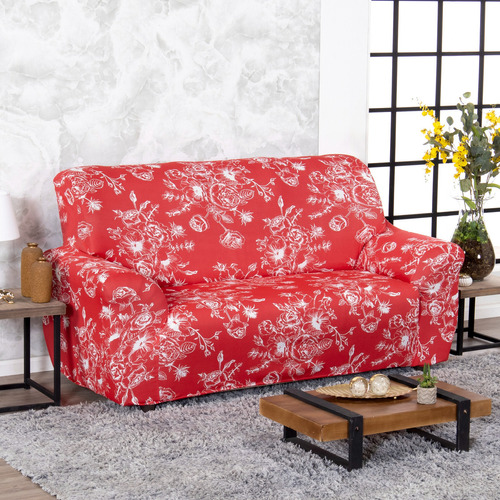 Capa De Sofá King Size Estampada Até 2,60m + 6 Fixadores Cor Vermelho Floral