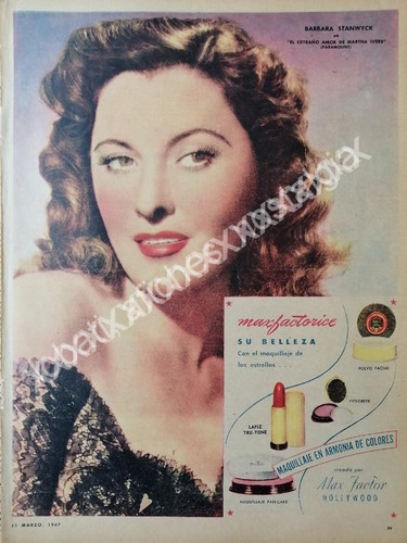 Cartel Retro Barbara Stanwyc Y Max Factor 1947 /