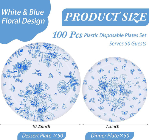 Mifoci Juego De 100 Platos De Plástico Florales Azules Y Bla