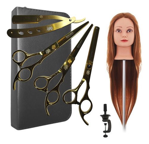 Manequim Cabeça De Boneca P/ Treino Salão Kit 3 Tesouras Cor Gold / Castanha