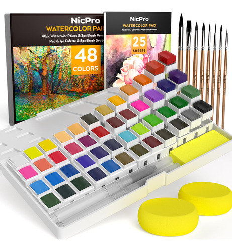 Nicpro Juego De Pintura De Acuarela De 48 Colores Con 8 Pinc