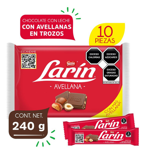 Larín Chocolate Con Avellanas 10 Pzas De 24g