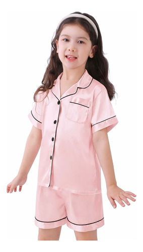 Pijama Americano Infantil Cetim Seda Bolso Botões Short Rosa
