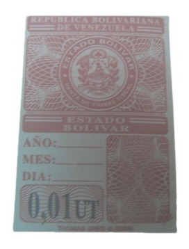 Estampilla Timbre Fiscal Estado Bolivar 0,01 Ut