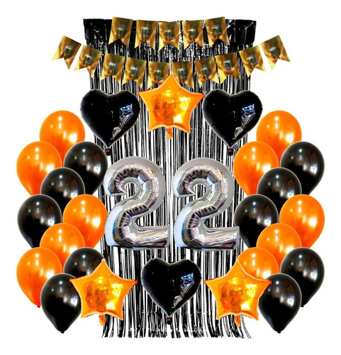 Combo Kit Deco Fiesta Globos Negro Y Naranja+numeros40cm