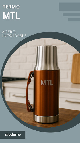 Termo Mtl 1 Litro Acero Inoxidable Pico Cebador Mate System Color Dorado Tapa Vaso Térmico Doble Pared Reforzado Alta Resistencia Líquidos Calientes Fríos