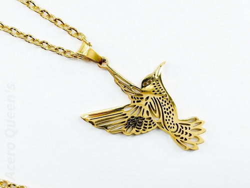 Conjunto Dije Colibri + Cadena Dorado Acero Quirurgico 