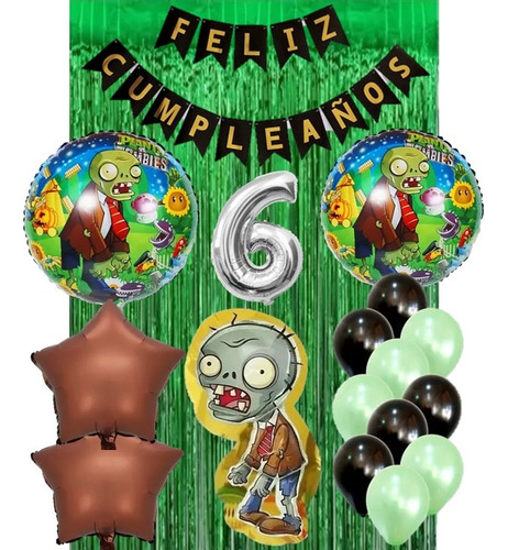 Kit Decoracion Planta Vs Zombie Globos+cortina+banderin Verde Y Marron