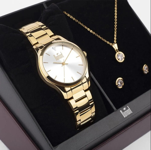 Kit Relógio Dumont Feminino Lady Dourado Com Semijoia Cor do fundo Branco