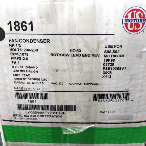 Imagen 5 de 5 de Motor Ventilador Condensador Us Motor 1/3hp 1861 208-230v