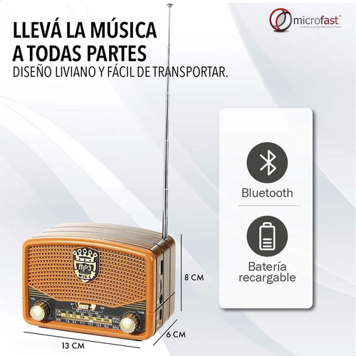 Imagen 5 de 10 de Radio Parlante Bluetooth Retro Vintage Batería Recargable 5v