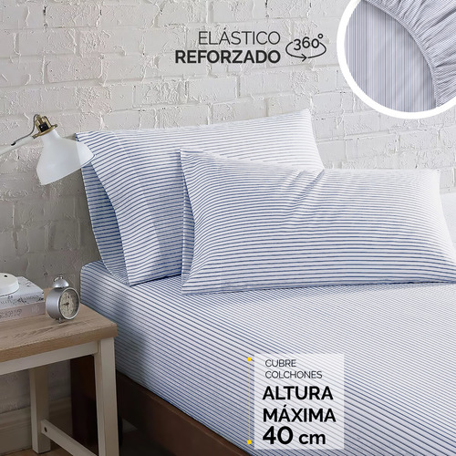 Oh! Sheets Juego De Sabanas Microfibra 5 Piezas Individual Azul Marino Rayas