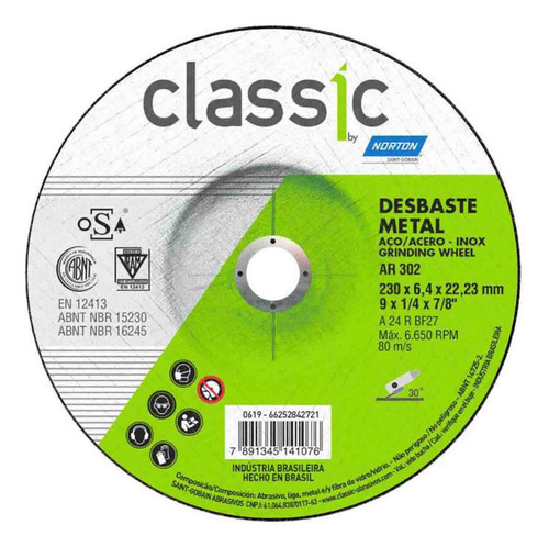 Disco Desbaste Bda600 9x1/4x7/8 Classic By - Norton Cor Prateado