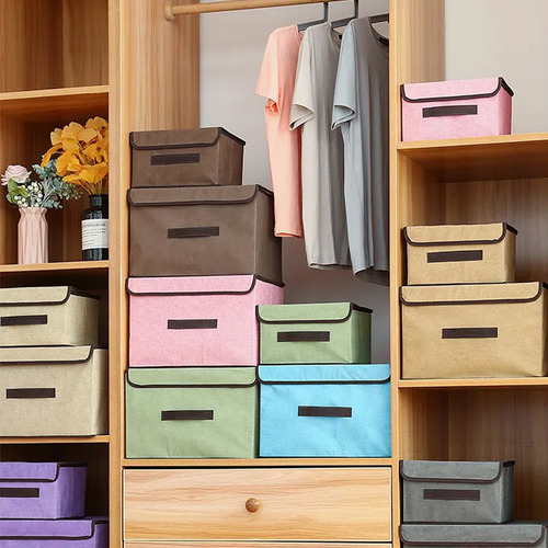 Set 2 Cajas Organizadoras De Tela Plegables Con Tapas Color Gris Liso
