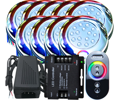 Kit 09 Leds 15w Rgb Iluminação Piscina + Comando + Fonte 12v