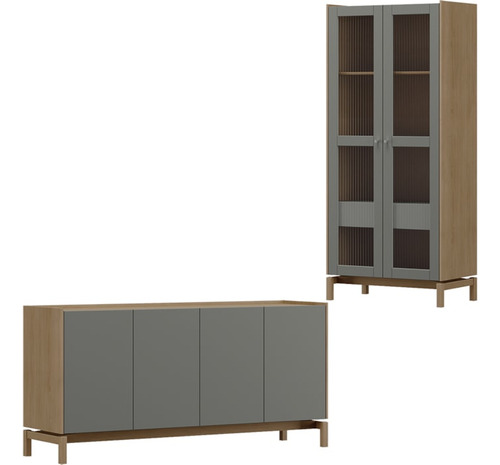 Cristaleira 2p 1g Vidro Balcao Buffet 4p Oak Ferrolack Milan