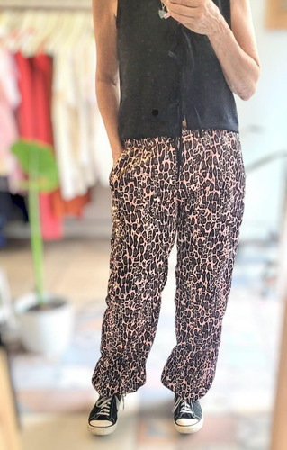 Pantalón Mujer Animal Print Satinado Cintura Elástica Recto