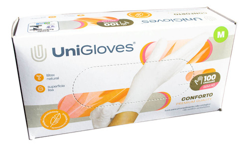 Luva Unigloves Látex Sem Pó Conforto Premium Lisa 100 Unid Cor Branco Tamanho EP