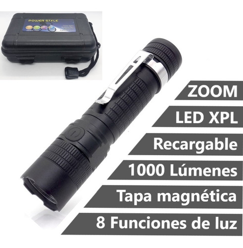 Linterna Recargable Tapa Magnética Zoom Manos Libres Estuche