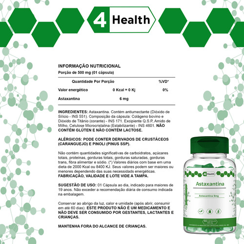 Astaxantina 6mg 3 Potes 60 Caps 4 Health - Formula Importada