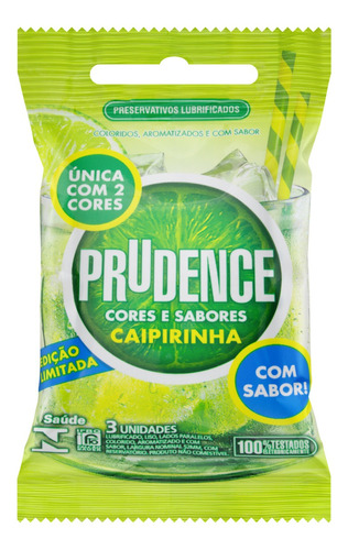 Preservativo Lubrificado Caipirinha Prudence Cores e Sabores Pacote 3 Unidades