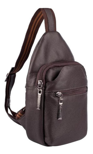 Mini Mochila Transversal De Couro Legítimo Jeff Café Desenho Do Tecido