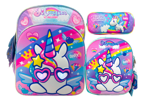 Mochila, Lonchera Y Lapicera Unicornio Lentes Luz Kinder Ruz