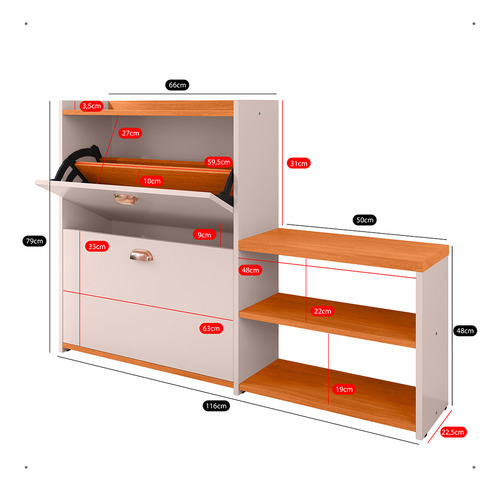 Sapateira Organizadora Com Assento Hall Porta Basculante - Off White / Cinamomo